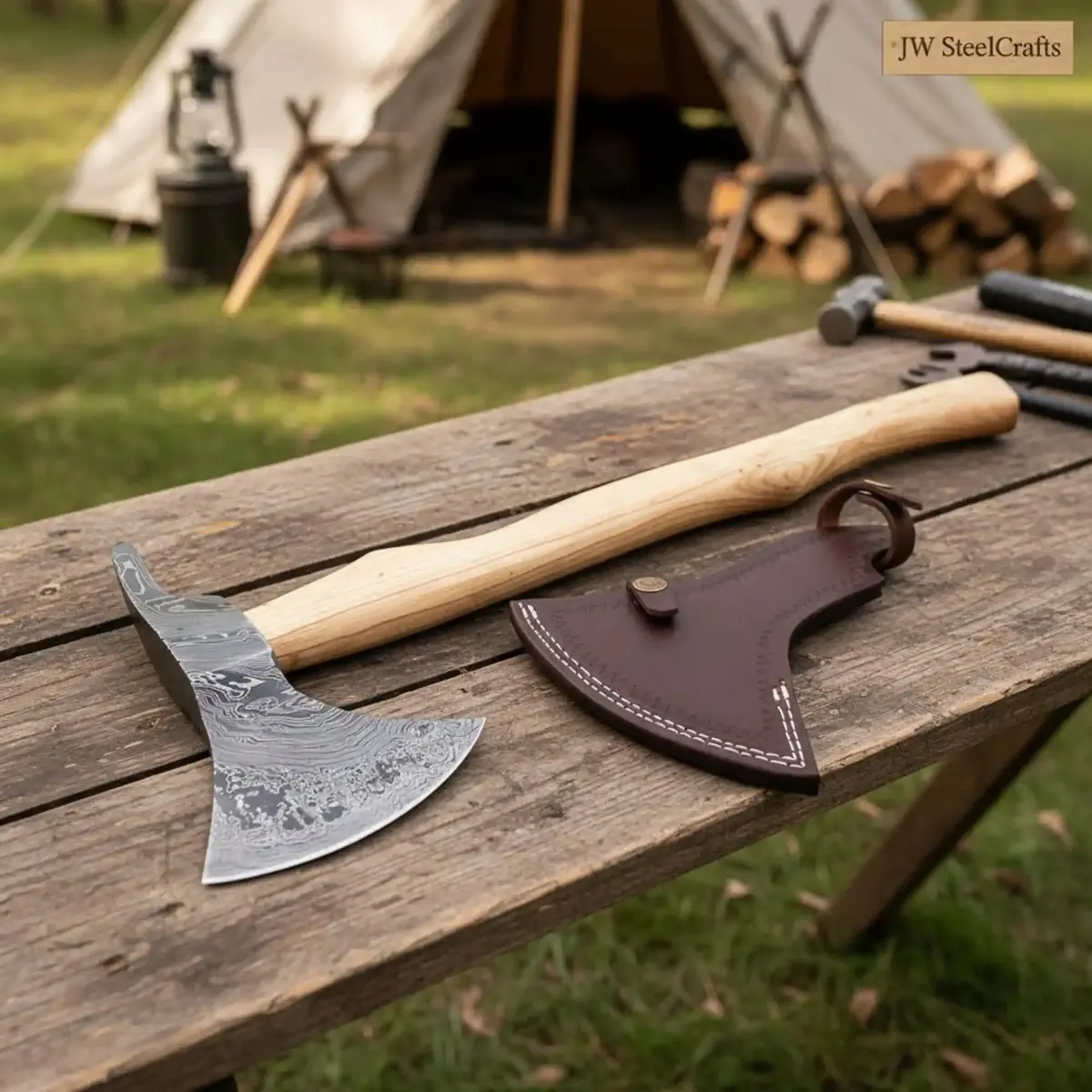 Nordic Camp Hatchet, Pattern-Welded Steel Head And Light Ash Hardwood Handle 1