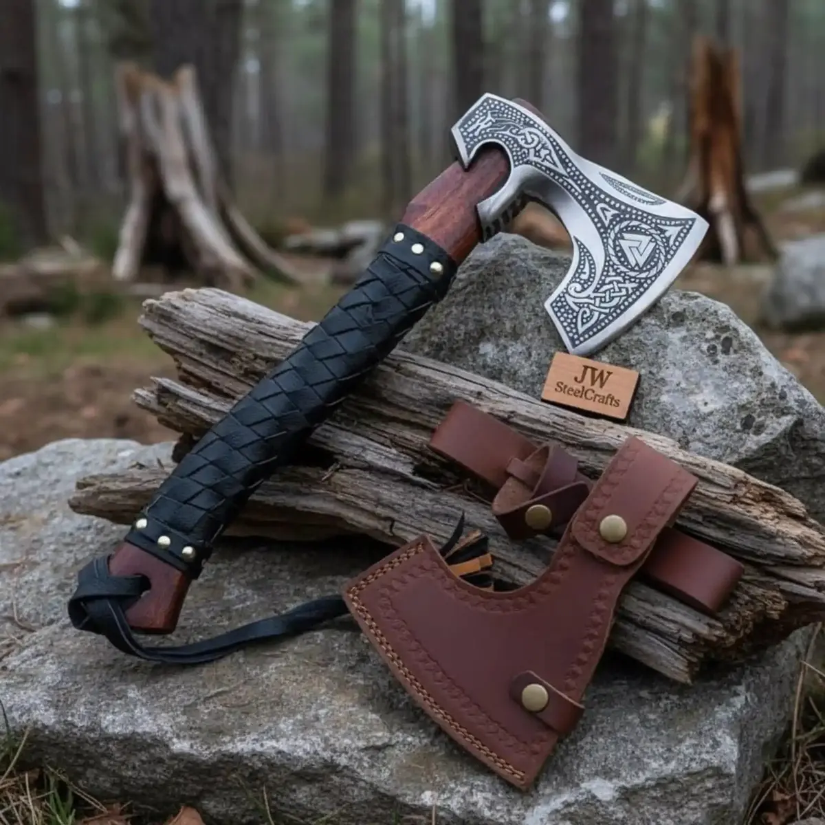 Norse Engraved Camp Hatchet With Leather Wrapped Handle And Belt Sheath | Jw Steelcrafts 1