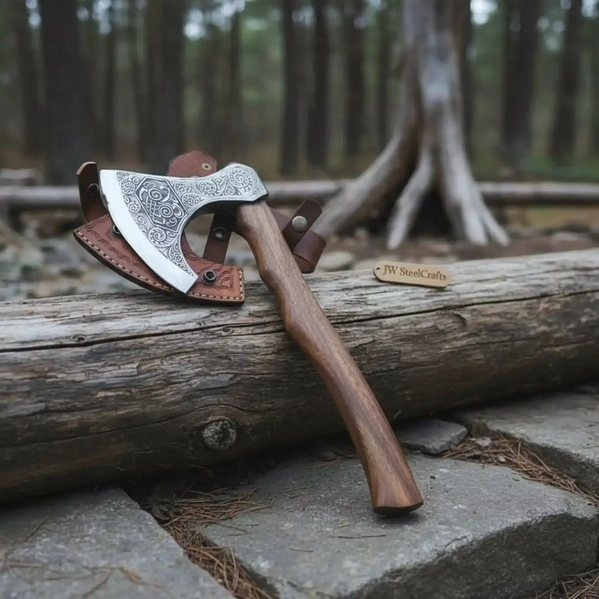 Norse Pattern Acid Etched Bushcraft Belt Viking Bearded Axe With Leather Carry Sheath 1