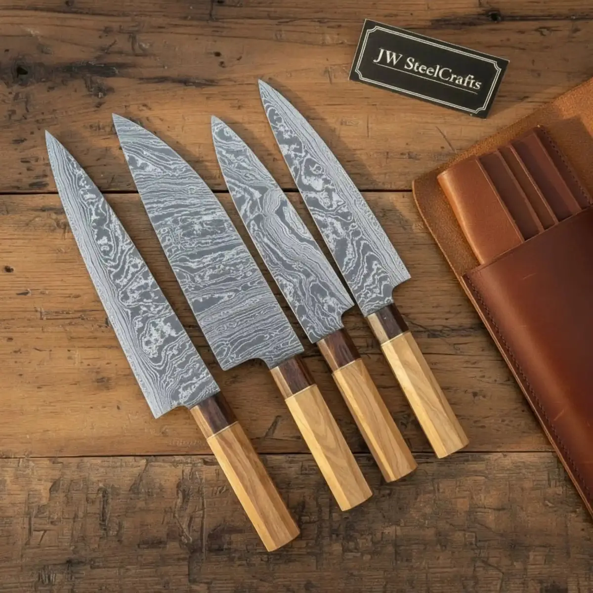 Outdoor Cooking Knife Set – 4 Damascus Blades With Wooden Handles, Lanyard Pommel & Leather Wrap 1