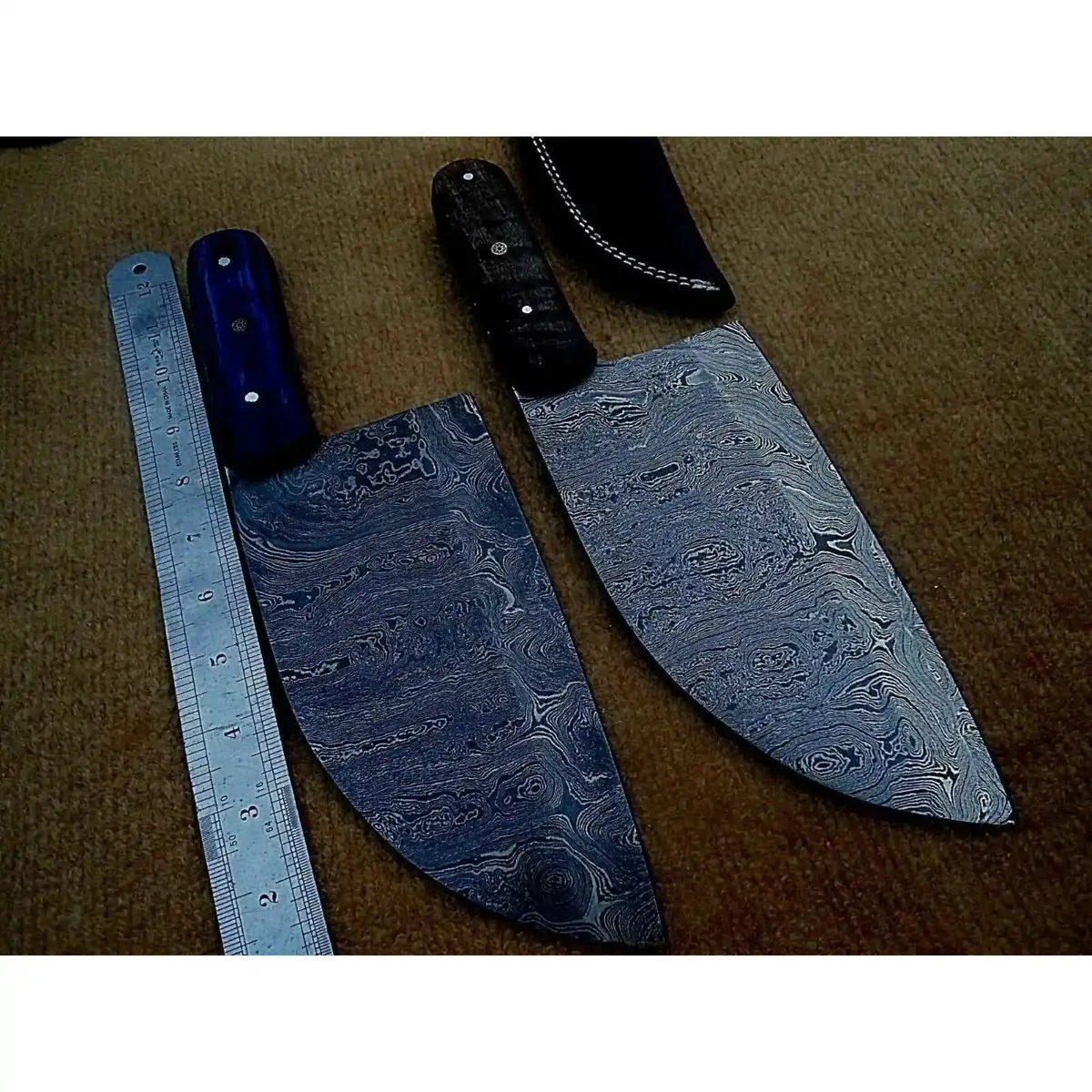 Pair Of Chinese Vegetable Cleavers — Damascus Steel, Stabilized Wood (Smt) Full-Tang Handles Lol 1
