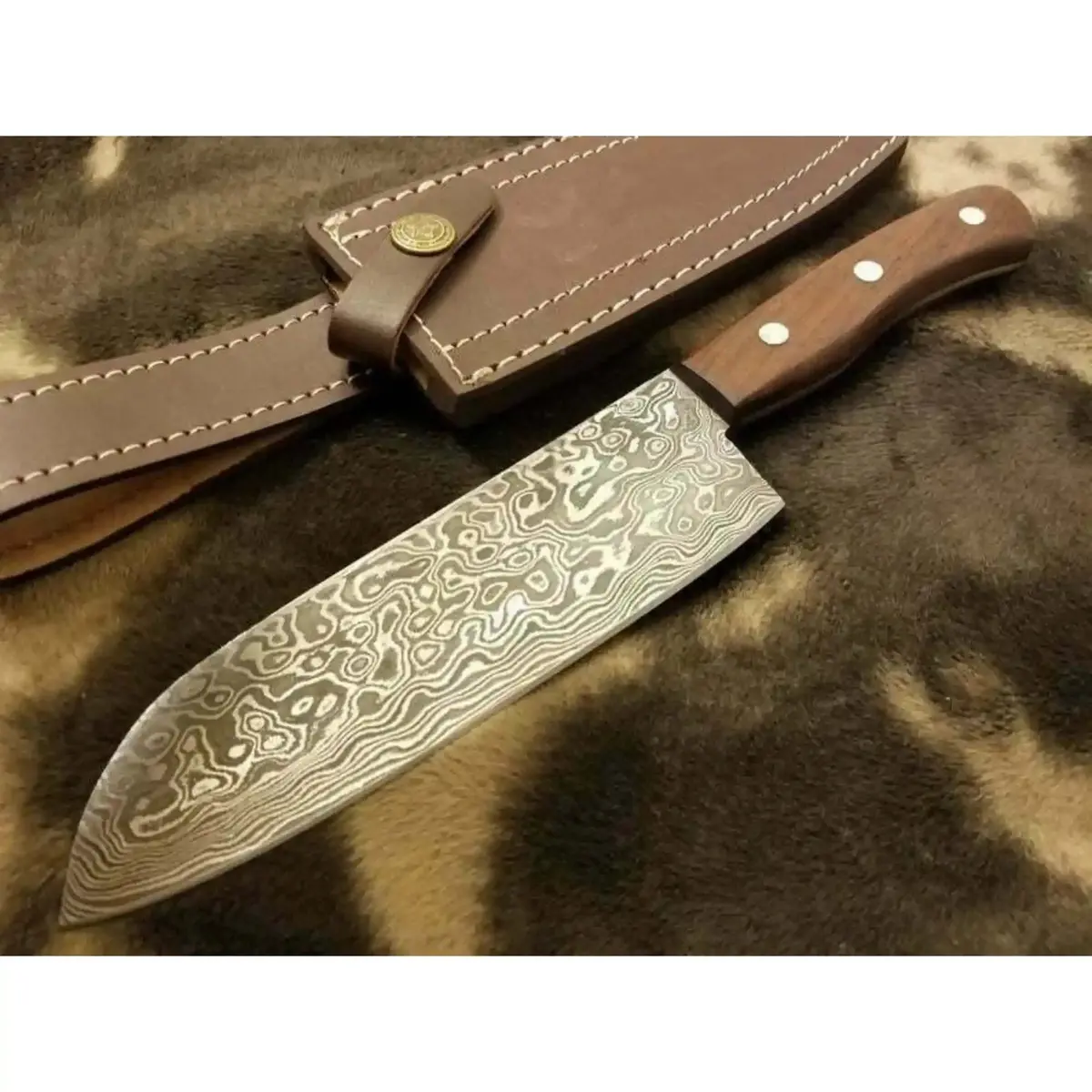 Pattern-Welded Damascus Drop Point Hunter — Full Tang, Rose Wood, Premium Leather Sheath 1