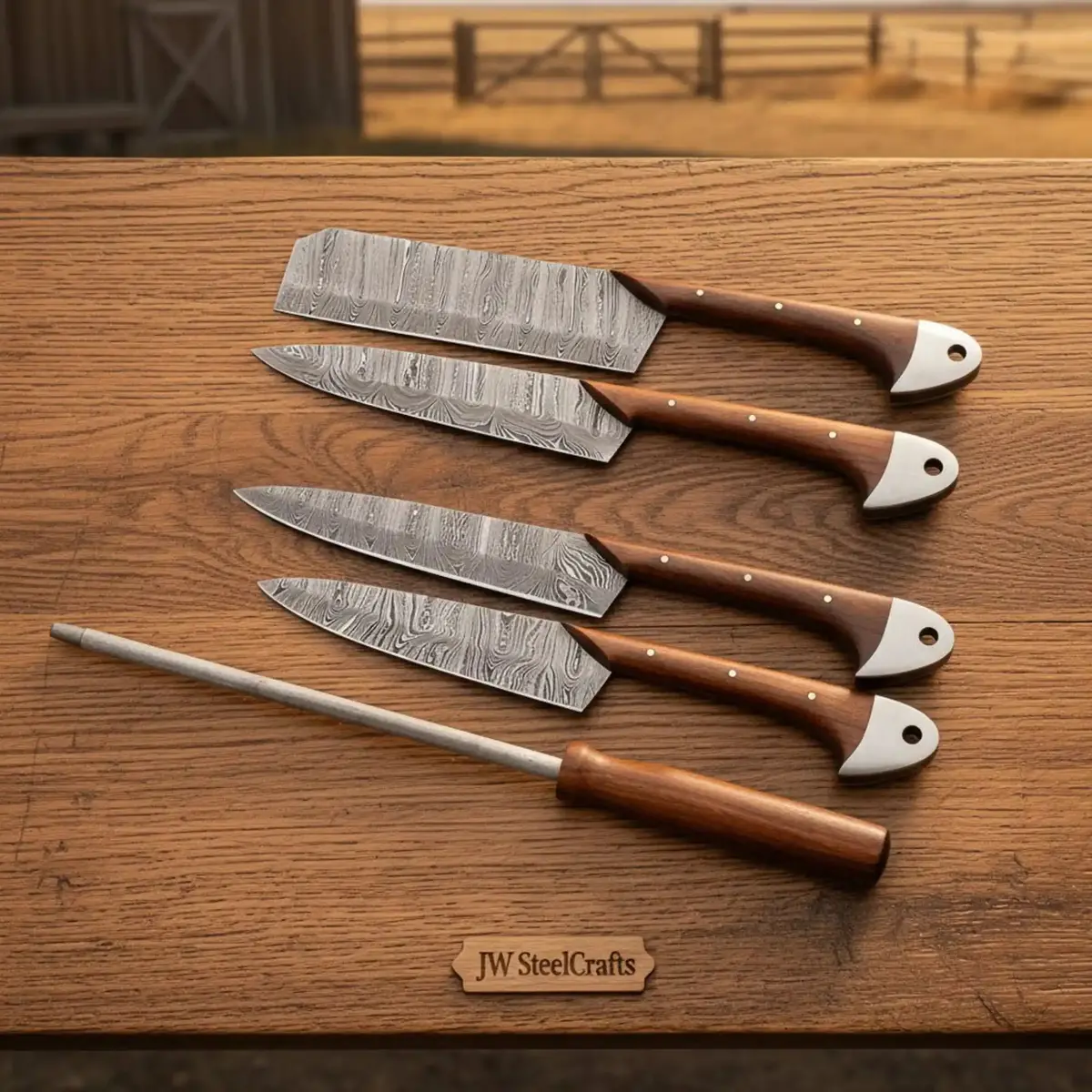 Pattern-Welded Damascus Kitchen Set — Tall Cai Dao Cleaver, Nakiri, Gyuto & Petty Knife 1