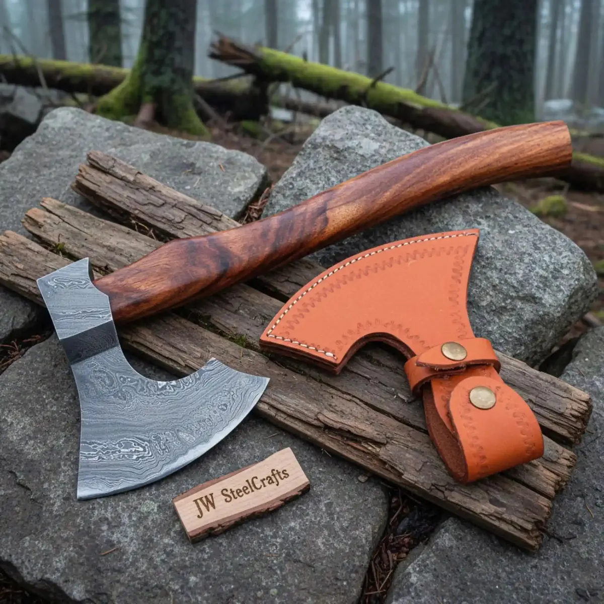 Pattern-Welded Damascus Viking Bearded Axe With Curved Rosewood Handle 1