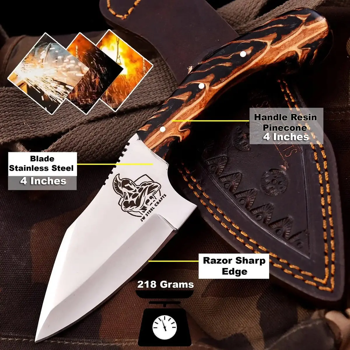 Pinecone Handle Fixed Blade Knife – 4” Stainless Steel Blade | Jw Steelcrafts 1