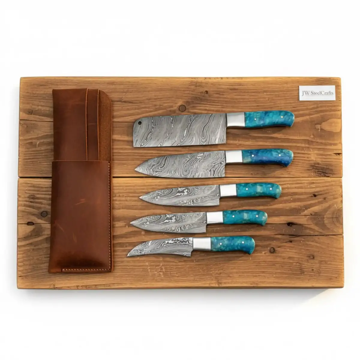 5-Piece Damascus Kitchen Knife Set, Steel Bolster, Blue Resin Handles 1
