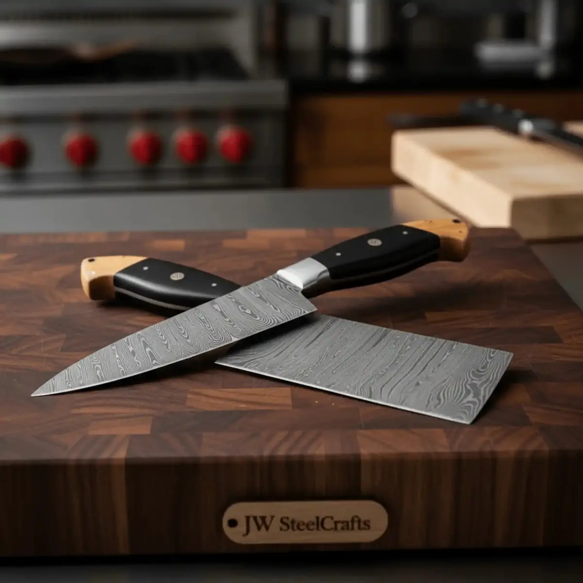 Premium Damascus Cleaver And Santoku Set — Olive Wood, Black Resin, Full Tang 1
