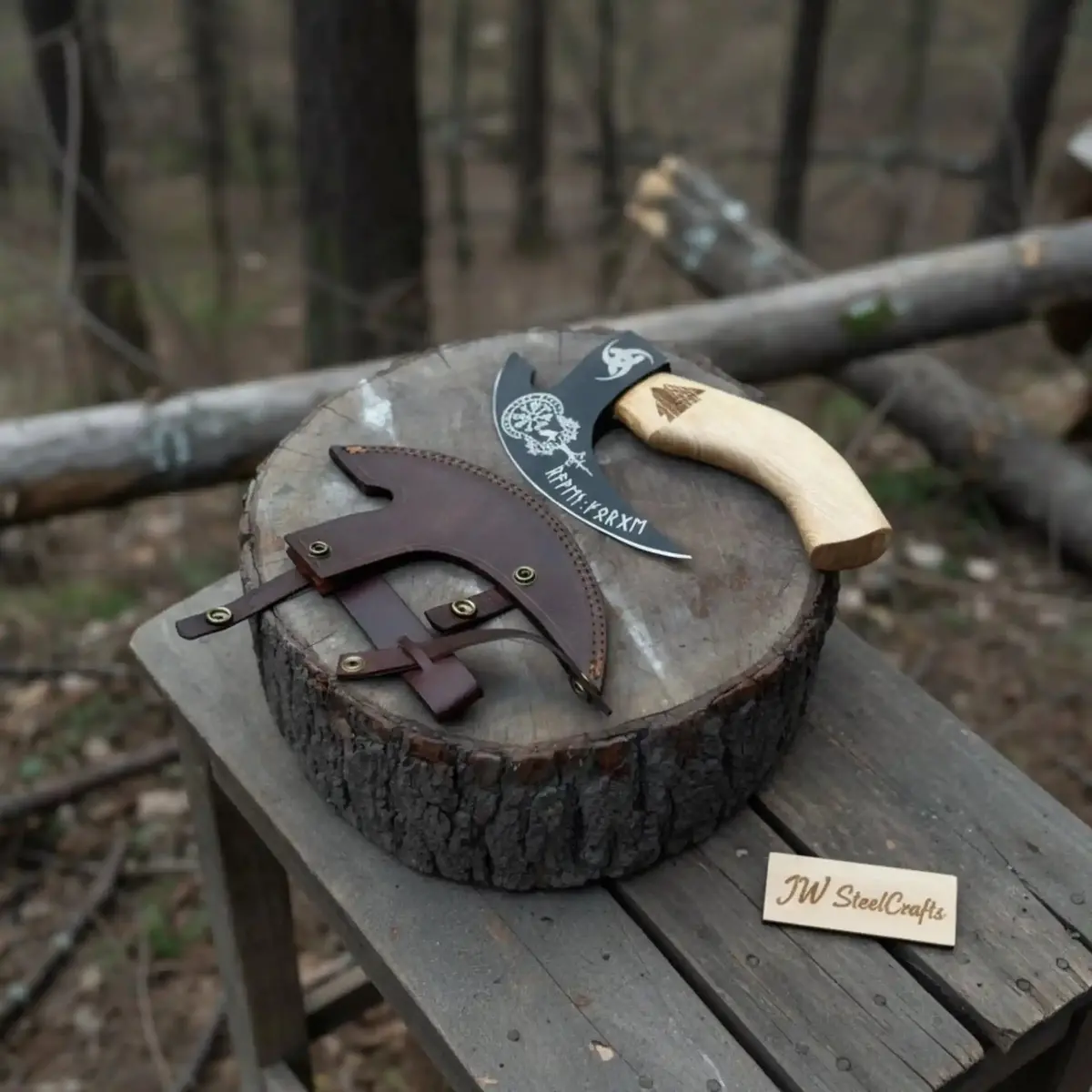 Product: Viking Style Engraved Bearded Axe – Oak Wood Handle 1