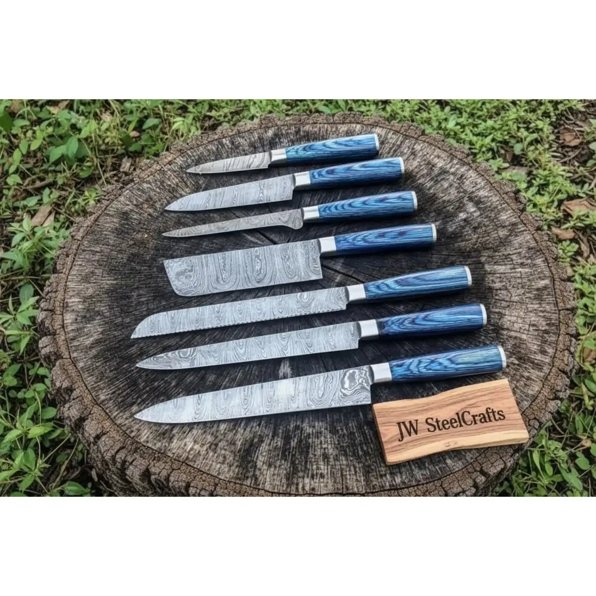 Professional Damascus Kitchen Knife Set 7 Piece Blue Stabilized Wood Handle Handmade Chef Knife Collection Jw Steelcrafts 1