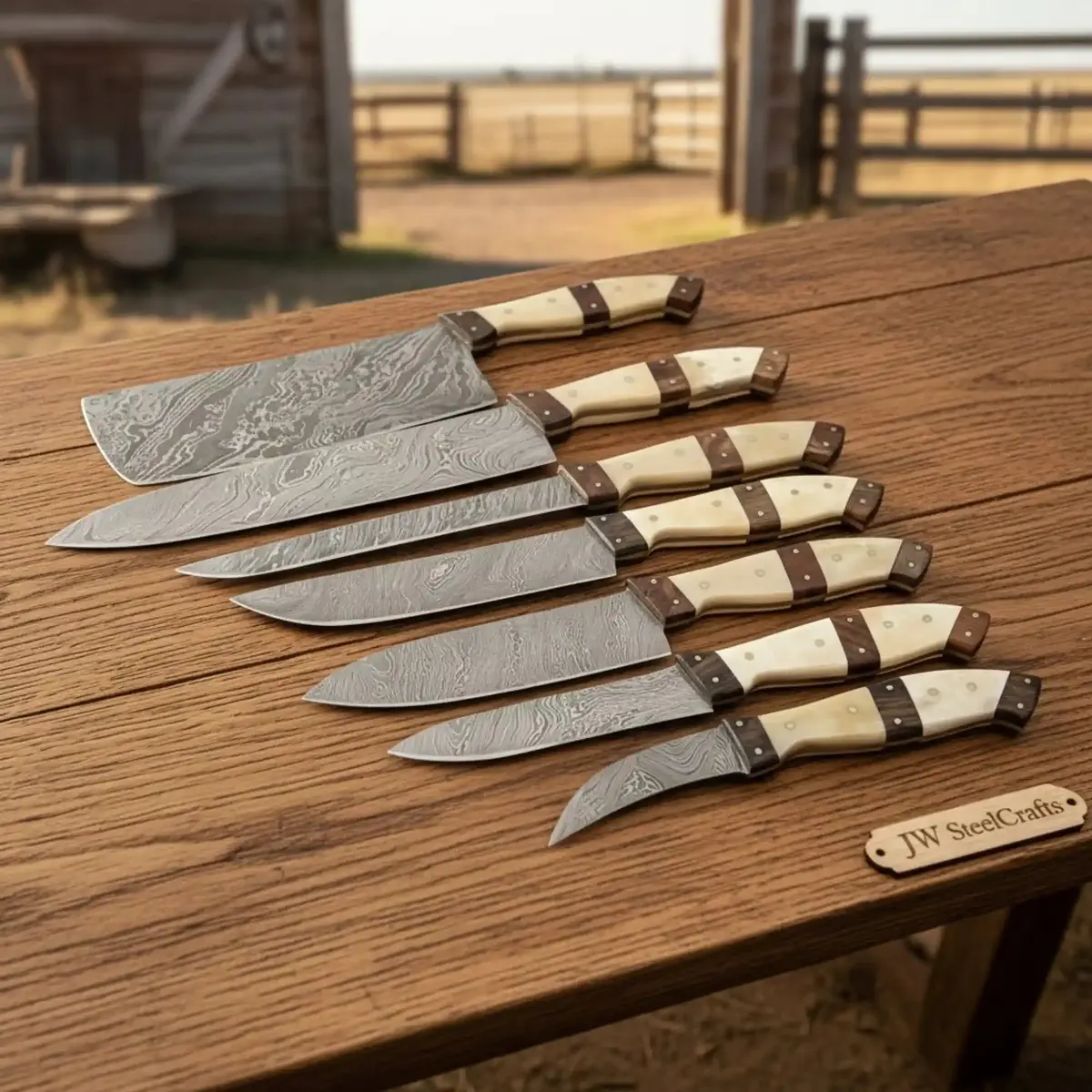 7-Piece Damascus Knife Set With Cleaver, Gyuto, Santoku, Bunka, Utility, Paring 1