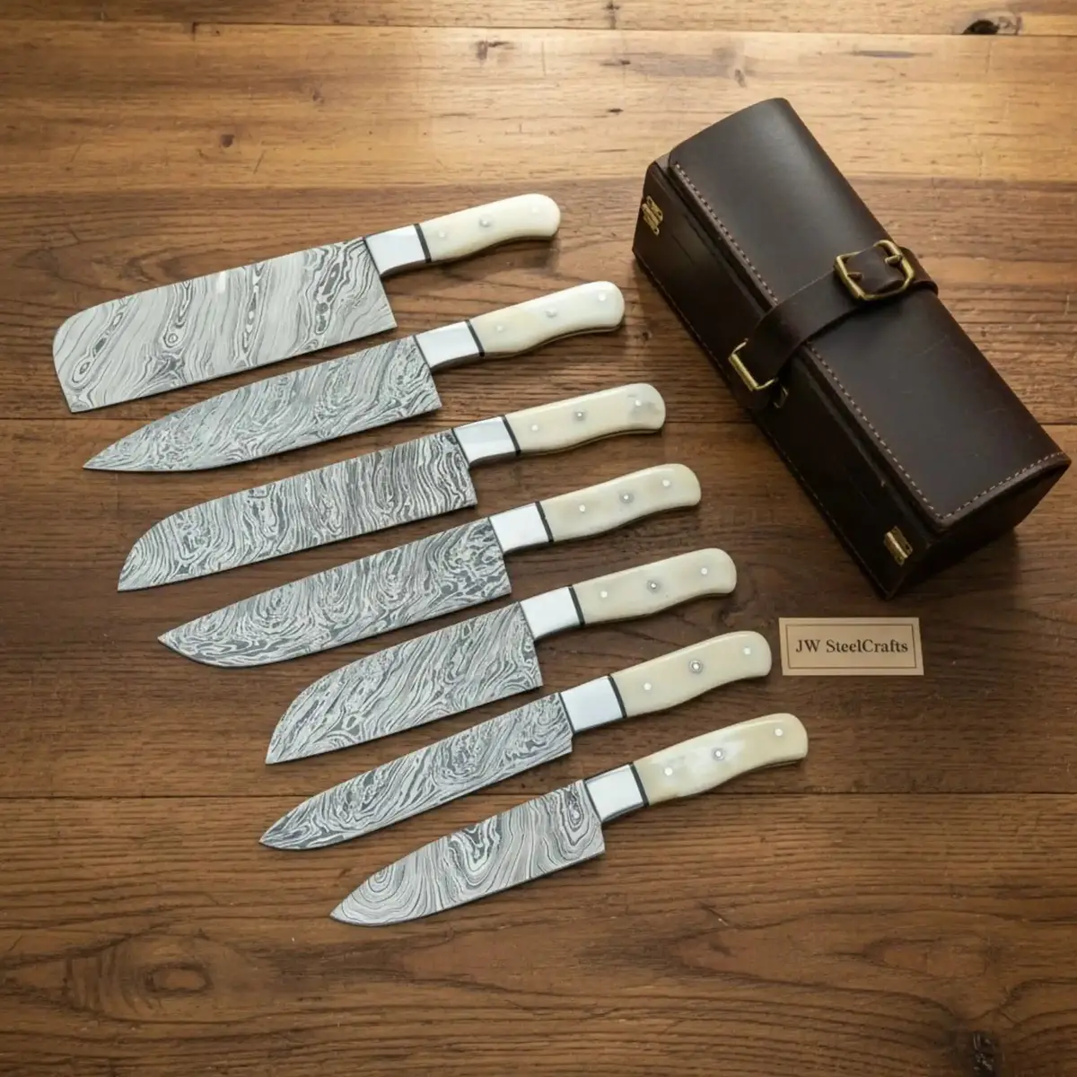 Japanese Damascus Chef Knife Roll Set - Artisan Field Kitchen Collection 1