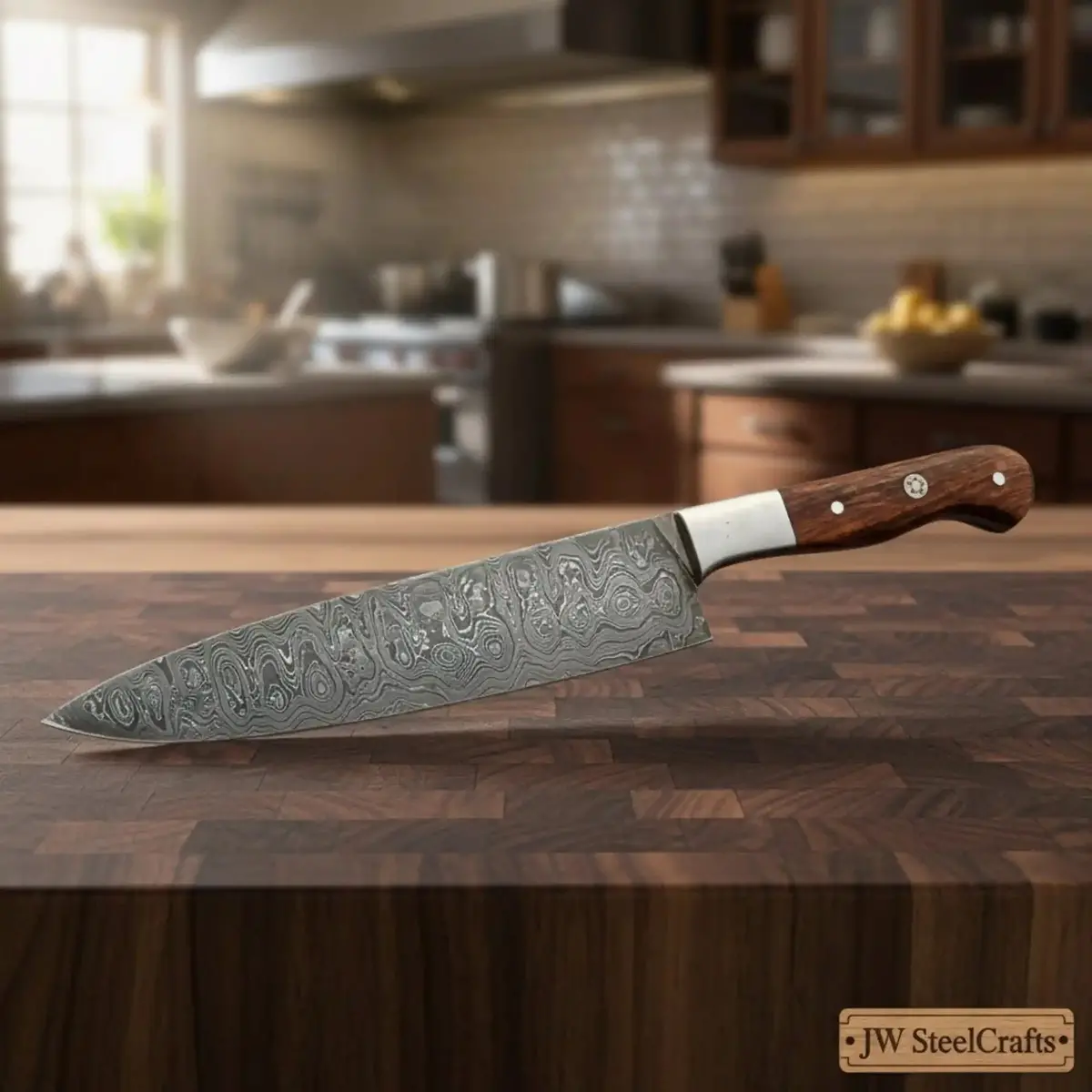 Raindrop Damascus 8 Inch Kiritsuke Kitchen Knife Rosewood And Steel Bolster 1