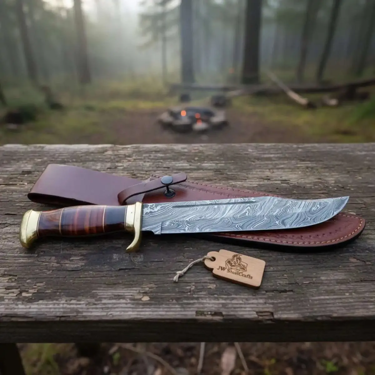 Sheffield Clip Point Bowie Knife Handmade Damascus Steel Blade Brass Guard Leather Sheath Jw Steelcrafts 1