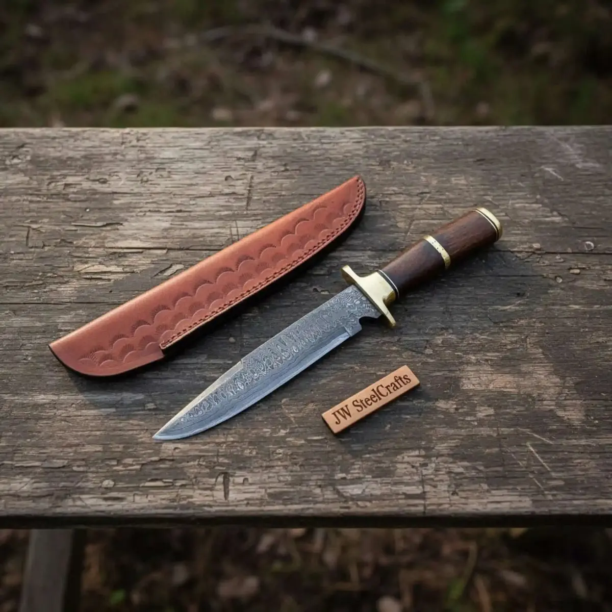 Sheffield Clip Point Damascus Bowie Knife With Hardwood Handle And Brass Guard – Handmade Fixed Blade Jw Steelcrafts 1
