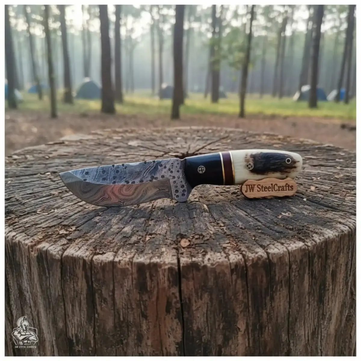 Skinner Knife Damascus Steel Ram Horn Handle 3.5 Inch Blade Hunting Knife 1
