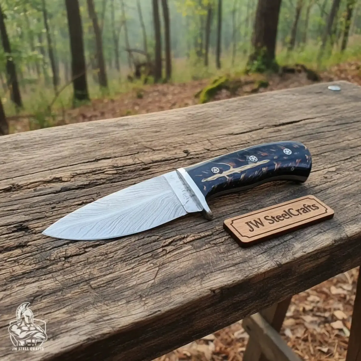 Skinner Knife, Feather Damascus Blade, Resin Handle, Fixed Blade Hunting Knife 1