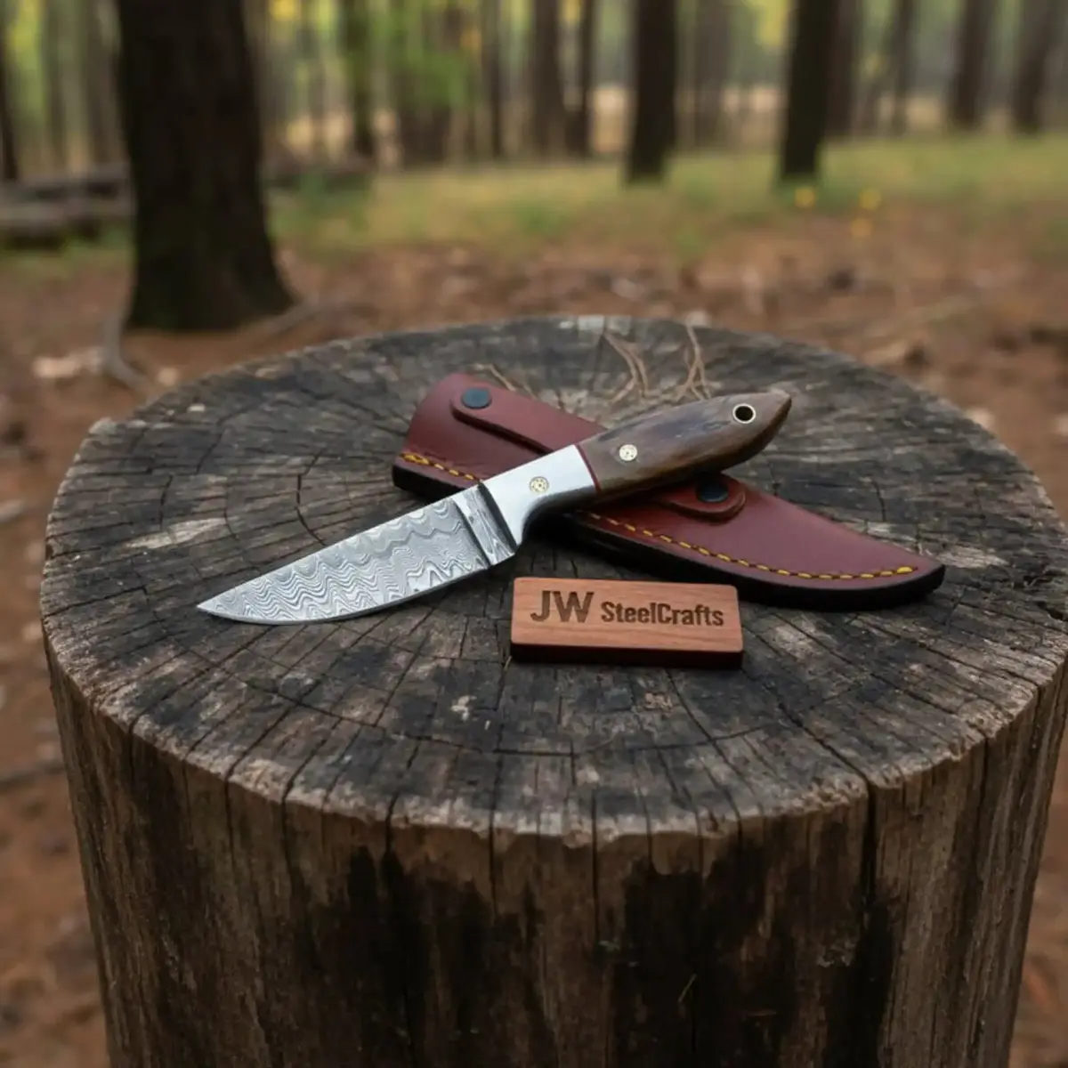 Small Damascus Utility Knife – Rosewood Handle With Leather Sheath 1