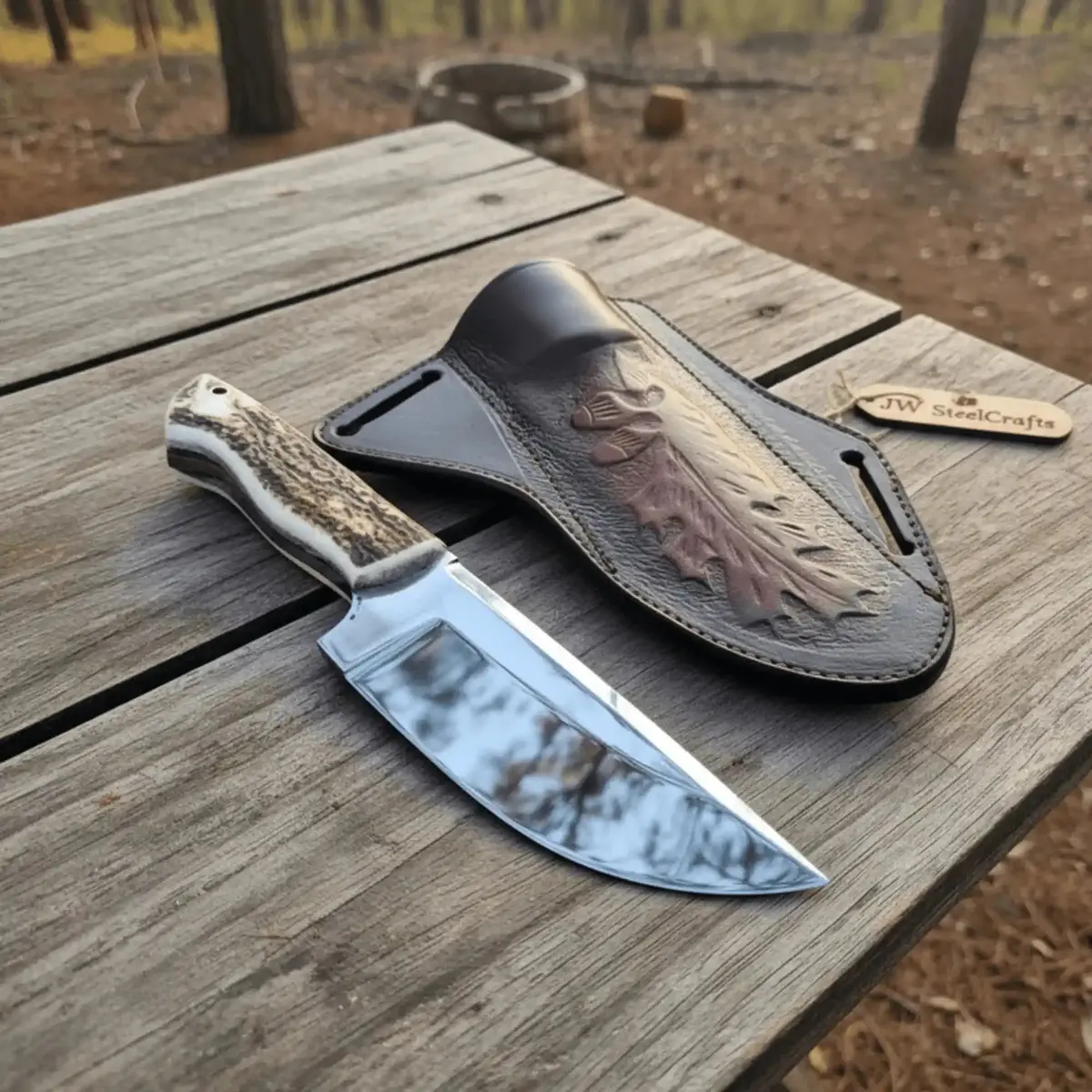 Stag Handle Hunting Knife – Stainless Steel Or Damascus Blade | Leather Sheath | Jw Steelcrafts 1