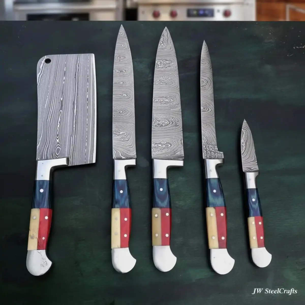 Texas Flag Handle Damascus 5-Piece Knife Set With Leather Kit 1