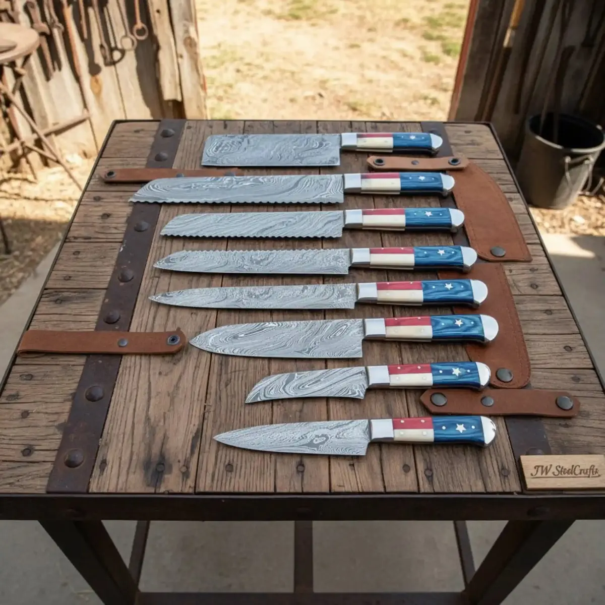 Texas Flag Handle Damascus Kitchen Knife Set, Full Tang Chef Knife Collection With Leather Roll 1