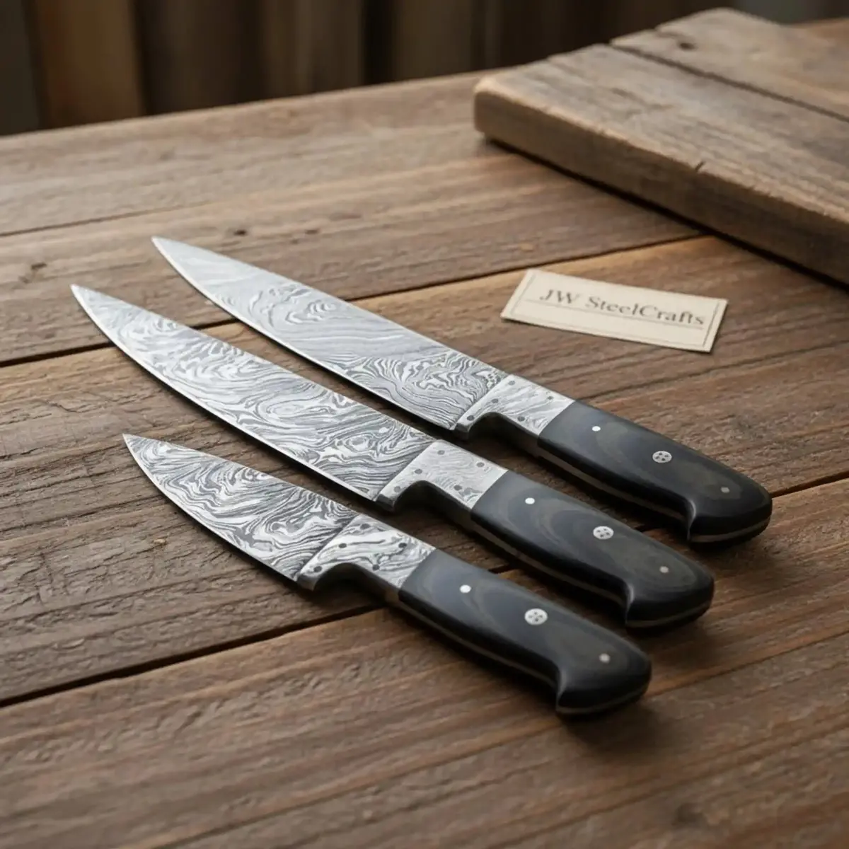 Three-Piece Damascus Gyuto Chef Knife Set — Black Pakkawood Handles, Full-Tang Construction 1