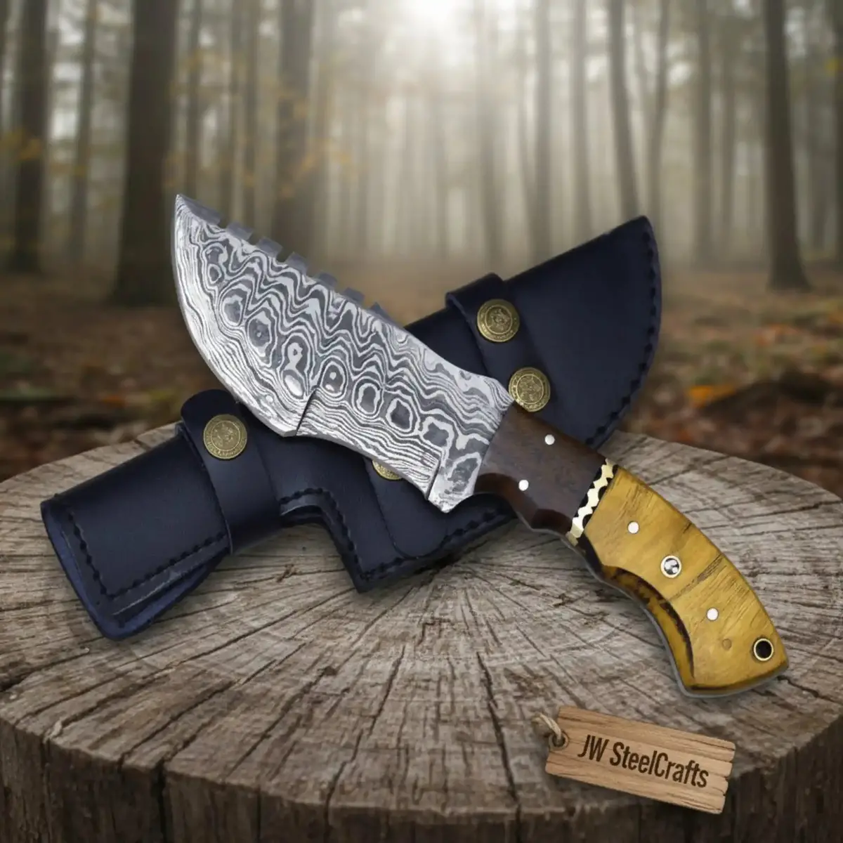 Tracker Knife Custom, 10", Damascus Knife, Damascus Steel Knife, Hunting, Exotic Yellow Heart & Walnut Wood Handle, Leather Sheath 1