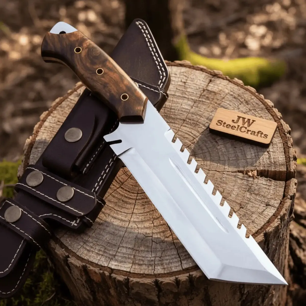 Tracker Knife Full Tang Fixed Blade Knife – Stainless Steel Blade & Burl Wood Handle | Jw Steelcrafts 1