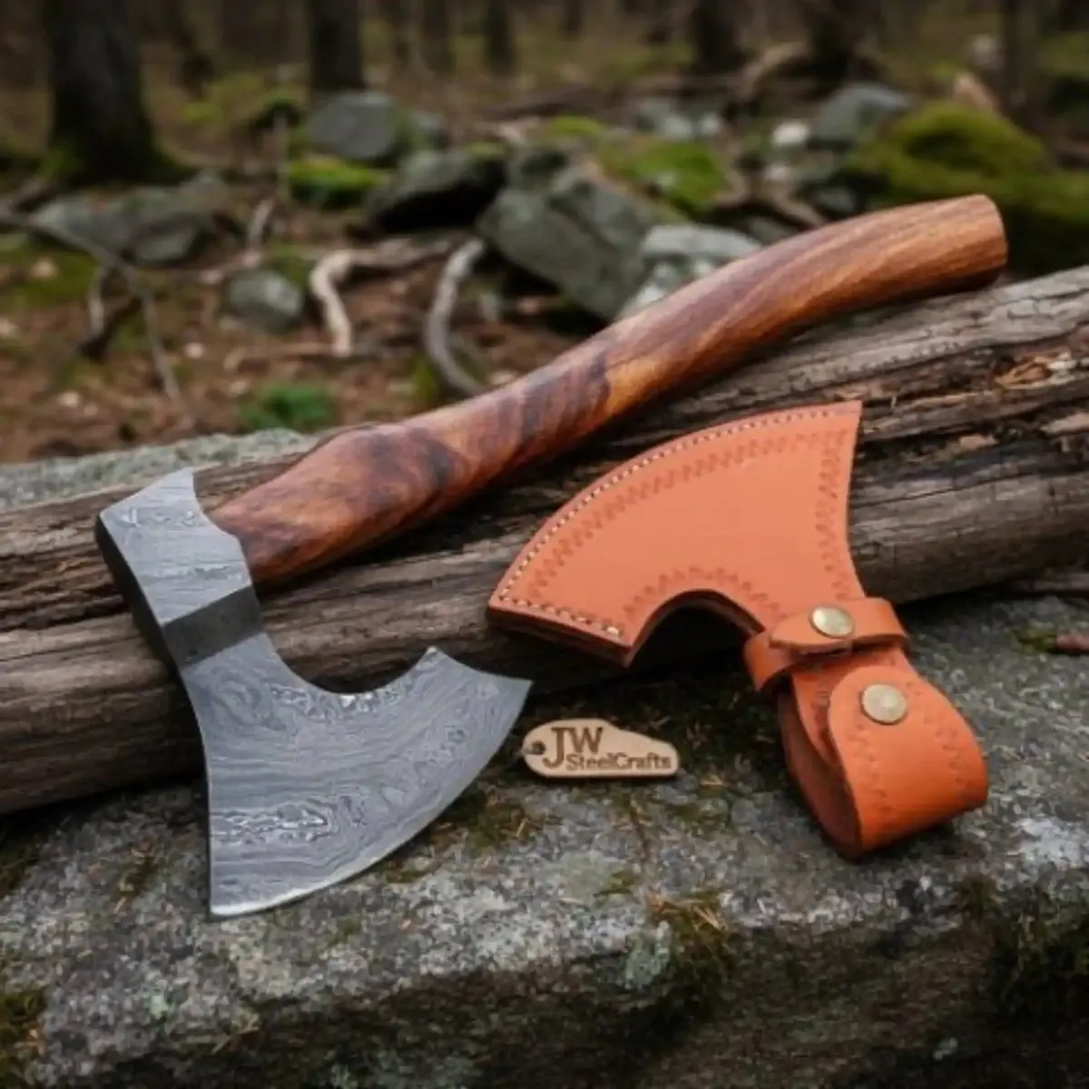 Traditional Norse Bearded War Axe (Skeggøx) Featuring Damascus Steel Head, Solid Wood Handle, Sheath Included 1