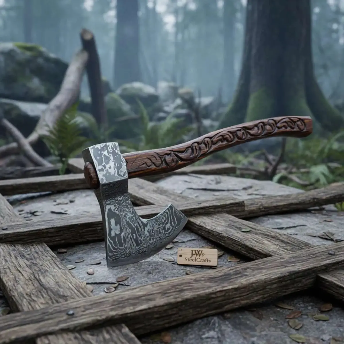Traditional Woodsman’S Bearded Axe, Hand-Carved Hardwood Handle, Pattern Steel Edge 1