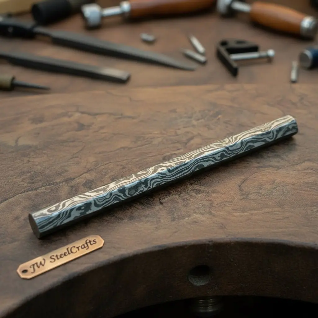 Damascus Steel Rod For Ring Making 10 Inch Round Damascus Bar Handmade Pattern Steel 1