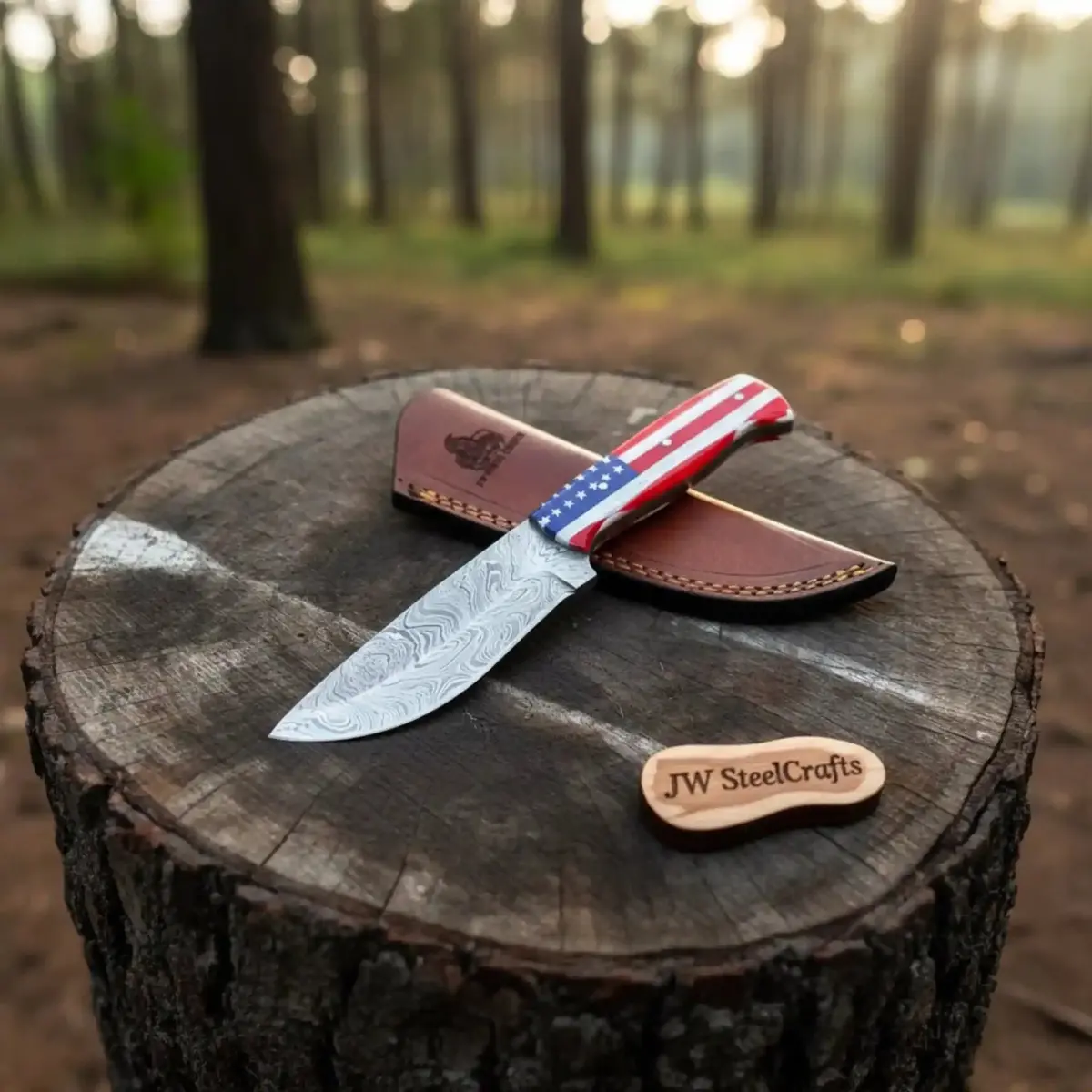 Usa Handle Outdoor Knife – Handcrafted Damascus Steel Blade | Leather Sheath | Jw Steelcrafts 1