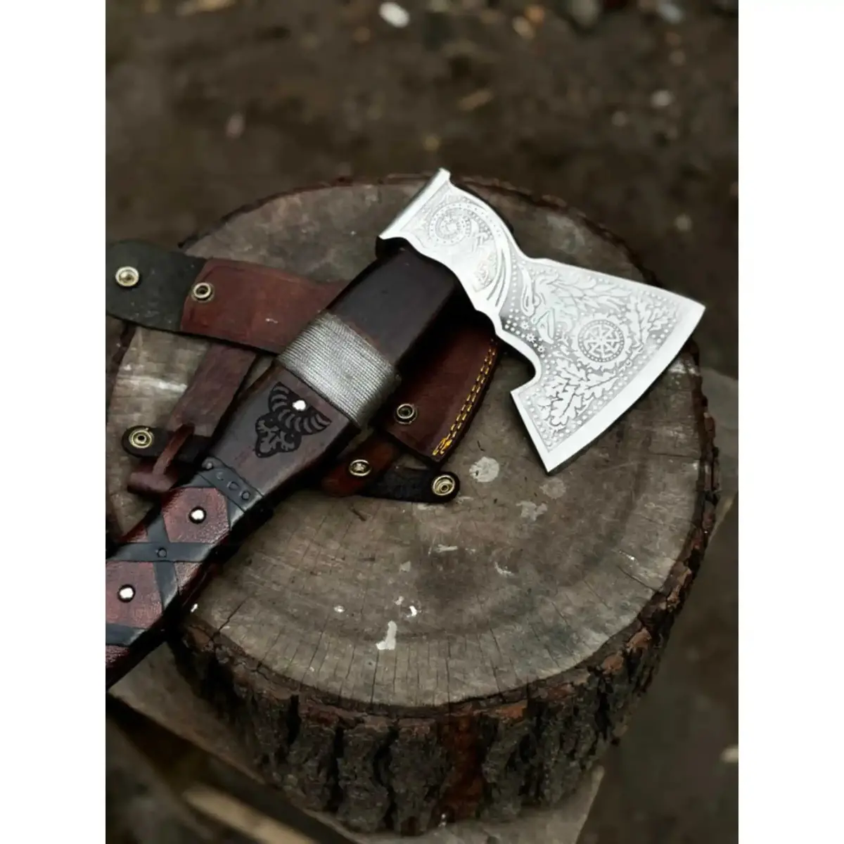 Viking Bearded Axe With Norse Engraved Blade And Leather Sheath 1