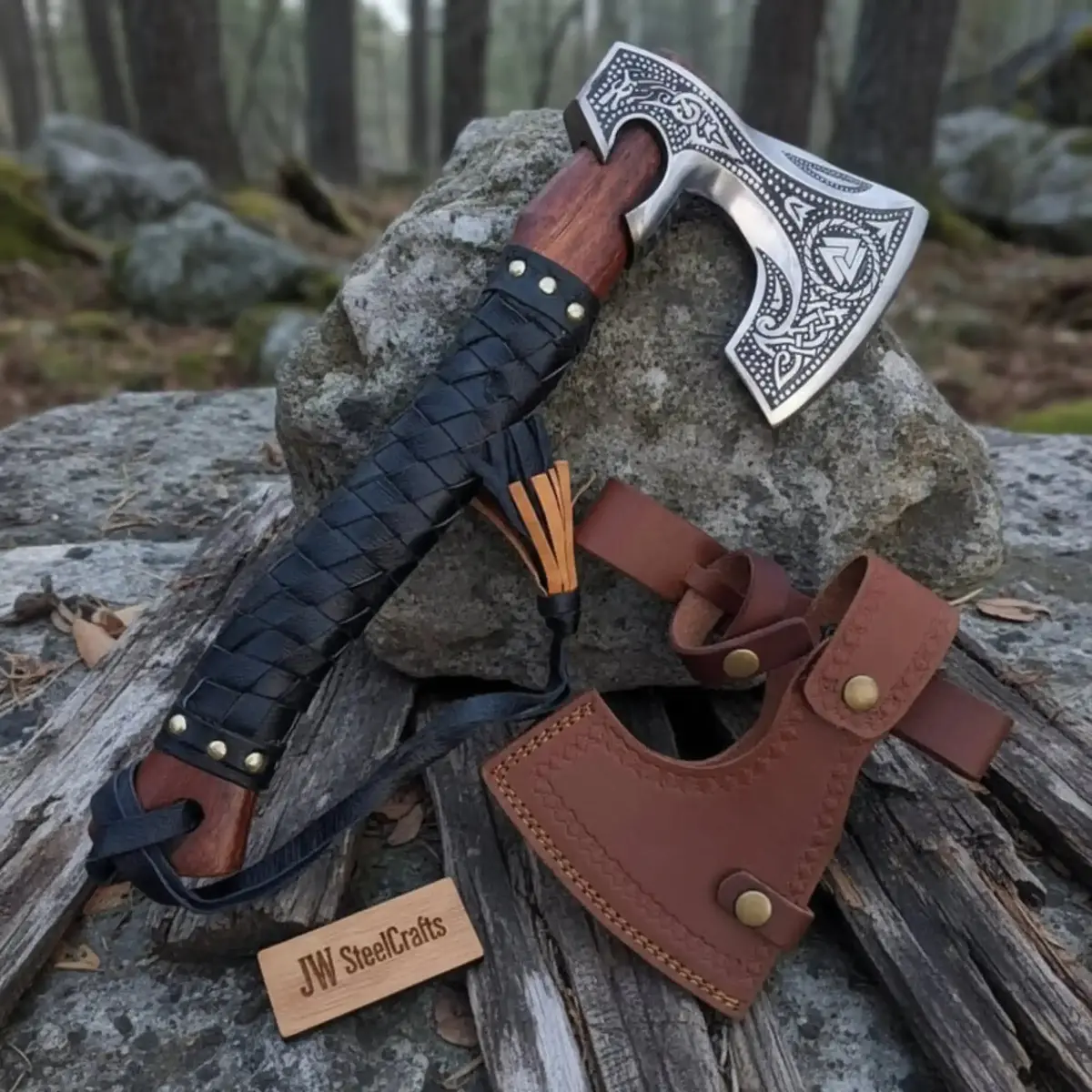 Viking Bearded Camp Hatchet With Engraved Head And Leather Wrapped Handle 1
