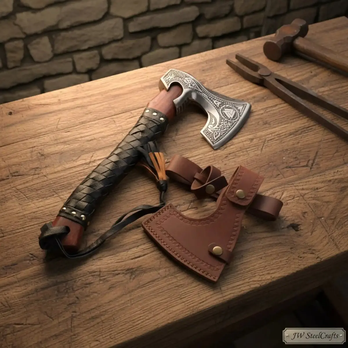 Viking Rune Engraved Bearded Hatchet With Leather Wrapped Handle 1