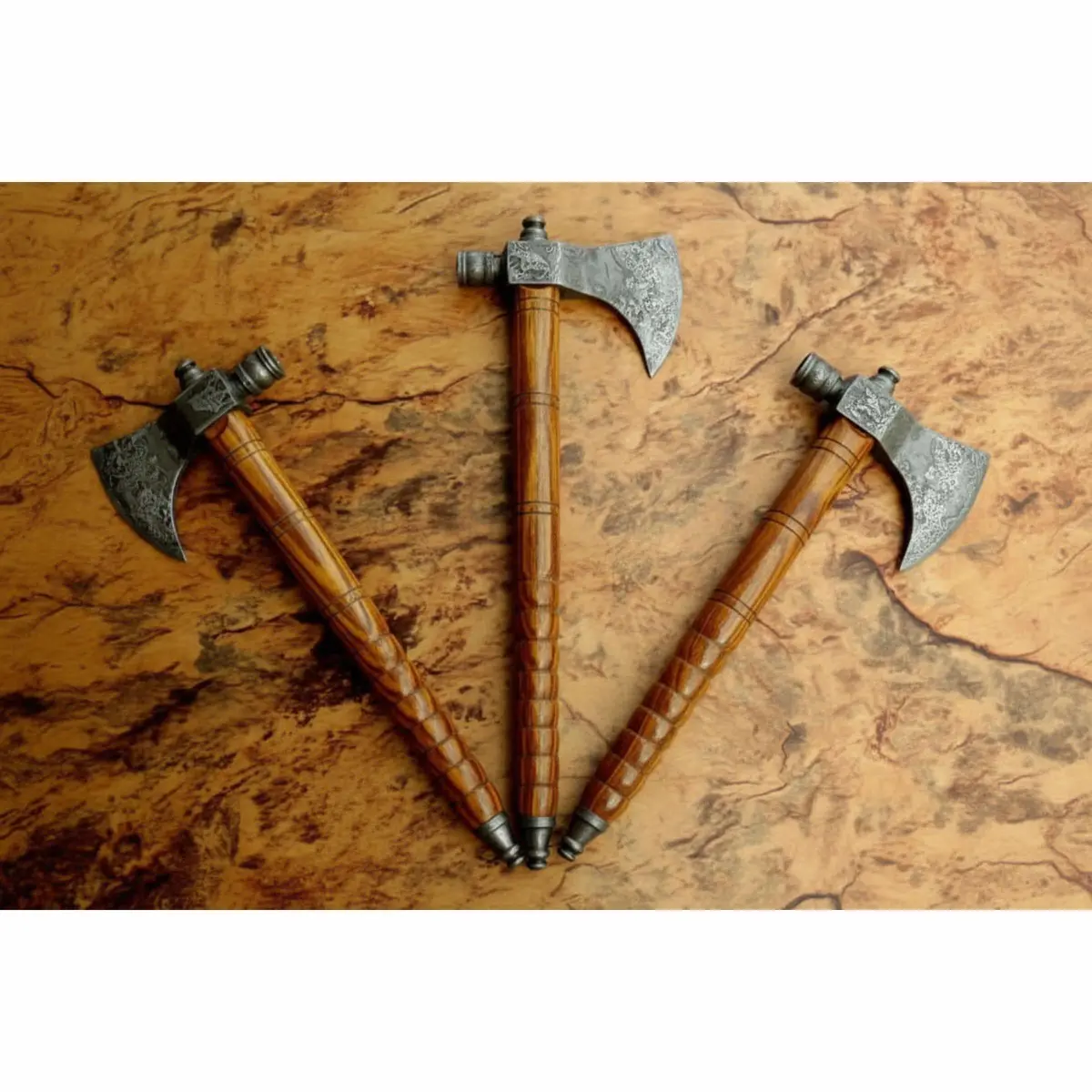 Viking Skeggøx Trio — Matching Short-Hafted Bearded Axes In Pattern-Welded Steel 1