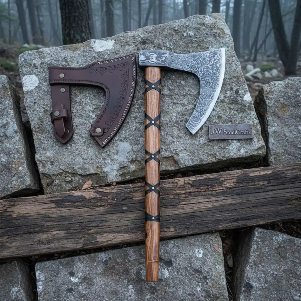 Handmade Damascus Skeggøx Bearded Axe With Leather Wrap And Sheath 2
